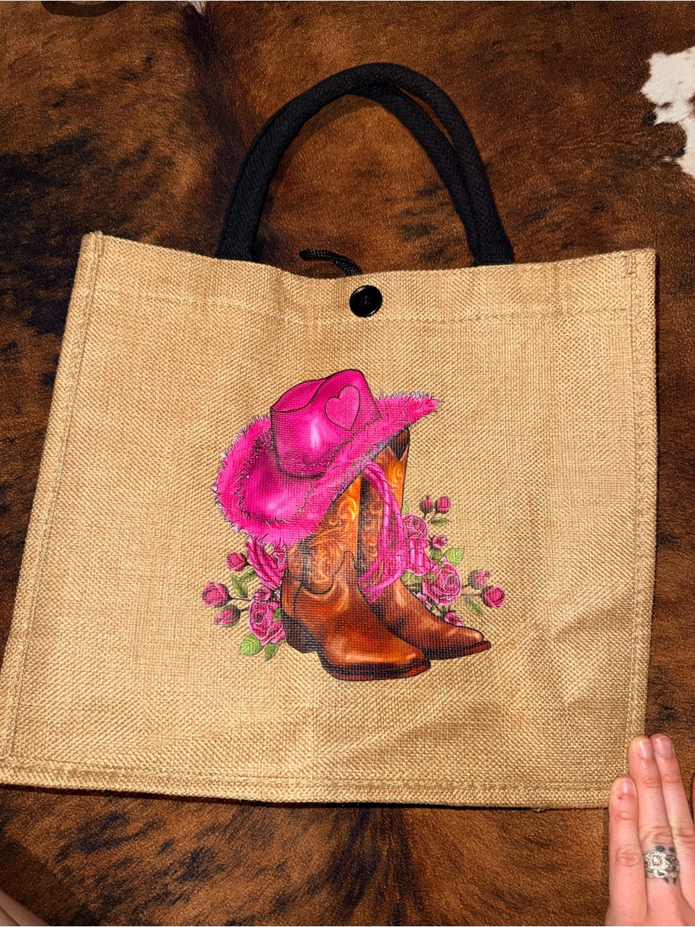 Women’s Natural Jute Tote with Pink Cowboy Boot & Hat Artwork